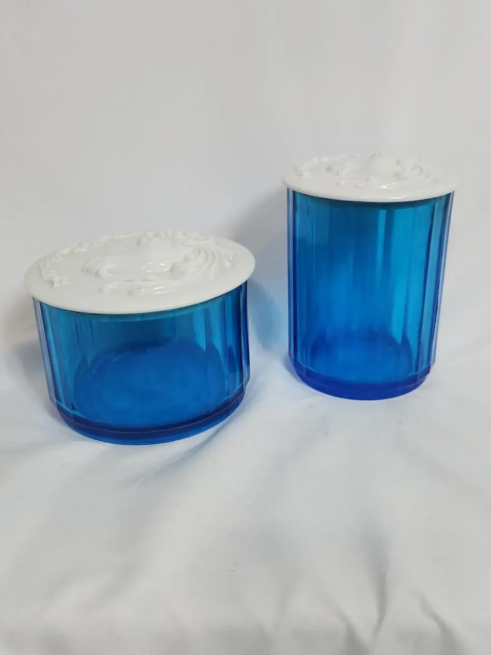 Vintage Blue Glass Canister Set White Ceramic Unicorn Lids Fantasy Vanity Jars 2